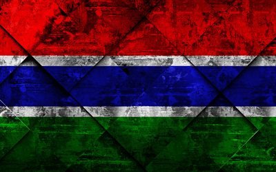 Gambiya bayrağı, 4k, grunge sanat, rhombus grunge doku, Afrika, Ulusal semboller, Gambiya, yaratıcı sanat
