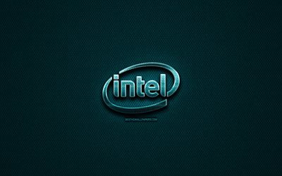 Intel glitter logo, creative, blue metal background, Intel logo, brands, Intel