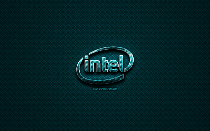 Intel glitter-logo, luova, sininen metalli tausta, Intel-logo, merkkej&#228;, Intel