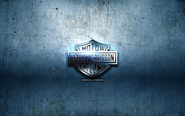 Harley-Davidson metal logo, mavi metal arka plan, resim, Harley-Davidson, marka, Harley-Davidson 3D logo, yaratıcı, Harley-Davidson logosu