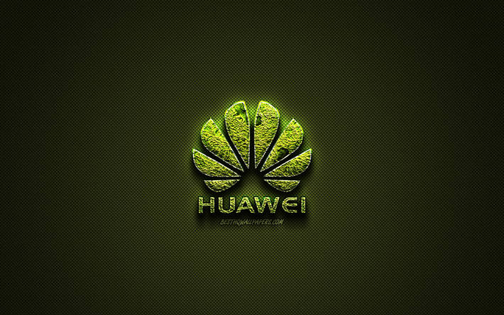 Huawei logo, verde, arte, logo, arte floreale logo Huawei, emblema, verde fibra di carbonio trama, Huawei, arte creativa