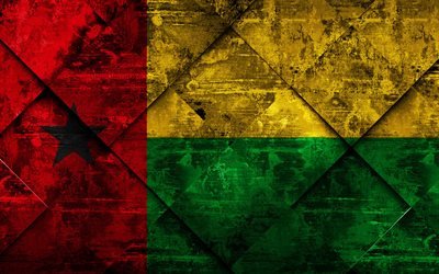 Flaggan i Guinea-Bissau, 4k, grunge konst, rhombus grunge textur, Guinea-Bissau flagga, Afrika, nationella symboler, Guinea-Bissau, kreativ konst