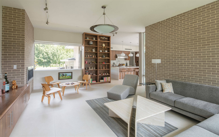 stylish interior design, living room, loft style, brick walls in the living room, modern interior