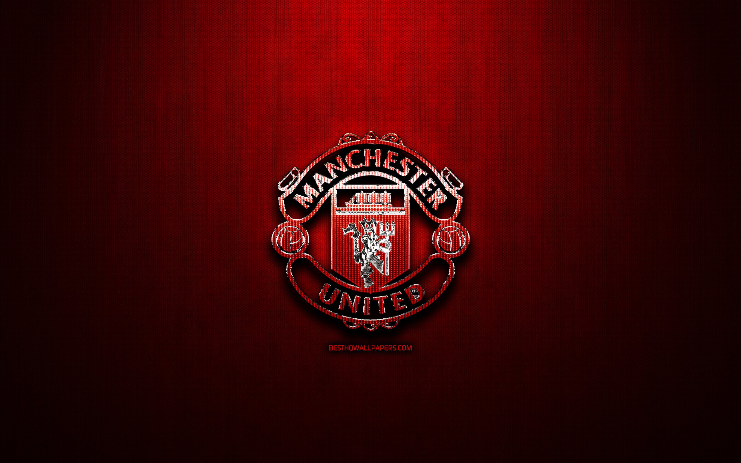 Download wallpapers Manchester United FC, red metal background, Premier ...