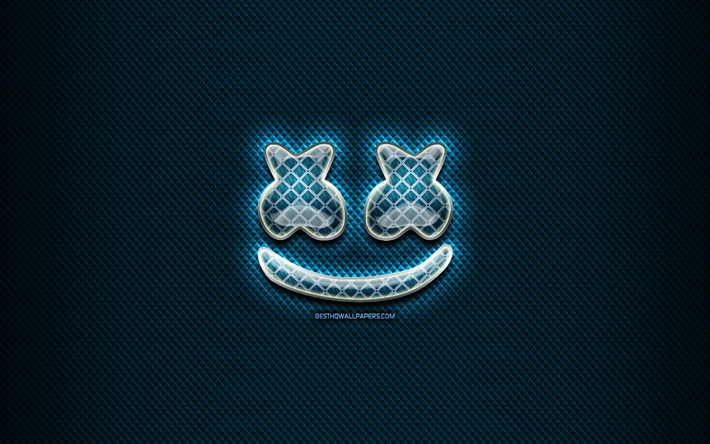 DJ Marshmello glass logo, blue background, artwork, Marshmello, music brands, Marshmello rhombic logo, DJ Marshmello, creative, Marshmello logo, superstars