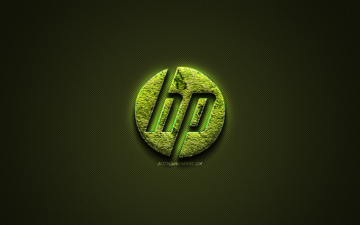 HP logo, Hewlett-Packard, green creative logo, floral art logo, HP emblem, green carbon fiber texture, HP, creative art