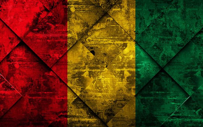 Flagga Guinea, 4k, grunge konst, rhombus grunge textur, Guineas flagga, Afrika, nationella symboler, Guinea, kreativ konst