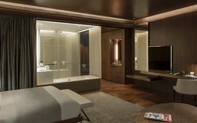 stylish interior design, bedroom, dark wood on the walls, wood in the interior, modern interior design, hotel room interior design, wooden ceiling and floor