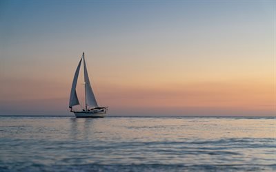 white sailboat, sunset, seascape, evening, beautiful evening sky, white yacht