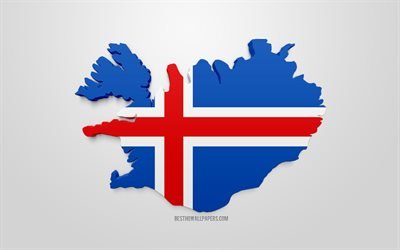 3d drapeau de l&#39;Islande, de la carte de la silhouette de l&#39;Islande, art 3d, drapeau de l&#39;Islande, de l&#39;Europe, de l&#39;Islande, de la g&#233;ographie, de l&#39;Islande 3d silhouette