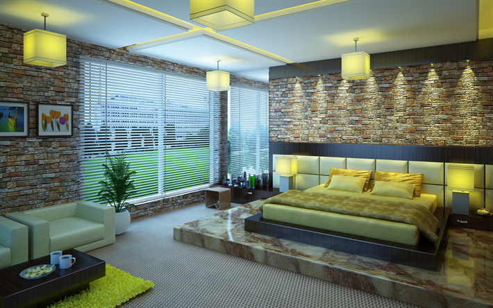 モダンなインテリアデザインベッドルーム, ロフトスタイル, レンガ造りの壁, 大理石の床, 緑褐色のベッドルーム, おしゃれなインテリアデザイン