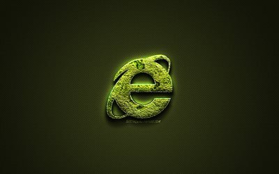 Logo di Internet Explorer, verde, arte, logo, IE logo, arte floreale logo, Internet Explorer emblema, verde fibra di carbonio trama, Internet Explorer, arte creativa