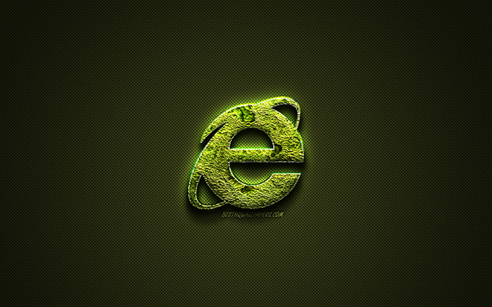 Internet Explorer logo, green art logo, IE logo, floral art logo, Internet Explorer emblem, green carbon fiber texture, Internet Explorer, creative art