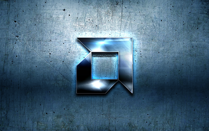 AMD metal logo, blue metal background, artwork, AMD, brands, AMD 3D logo, creative, AMD logo