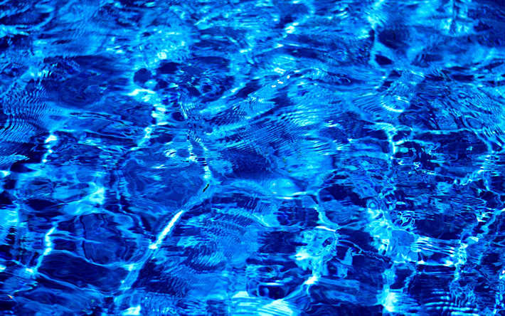 4k, 青色の水質感, マクロ, 水質感, プール, 波背景, 青色の背景, 青い水, 波, 水背景