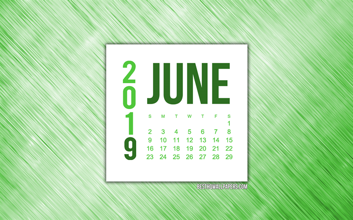 De junio de 2019 Calendario, Verde, abstracto, fondo, fondo creativo, 2019 calendarios de junio, el calendario para el mes de junio de 2019, l&#237;neas de color Verde de fondo