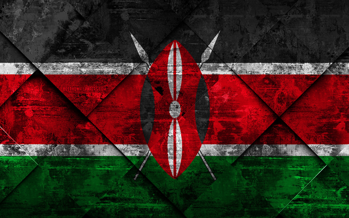 旗のケニア, 4k, グランジア, 菱グランジの質感, ケニアのフラグ, アフリカ, 国立記号, ケニア, 【クリエイティブ-アート