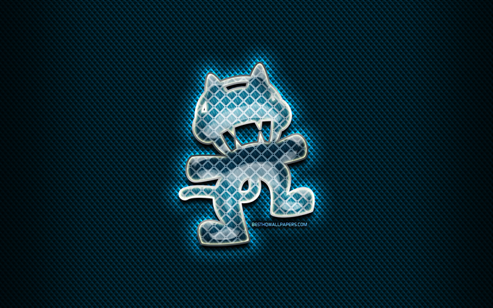 Monstercat glass logo, music brands, blue background, artwork, Monstercat, brands, Monstercat rhombic logo, creative, Monstercat logo