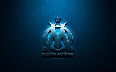 Olympique Marseille FC, blue metal background, Ligue 1, french football club, fan art, Olympique Marseille logo, football, soccer, Marseille FC, France