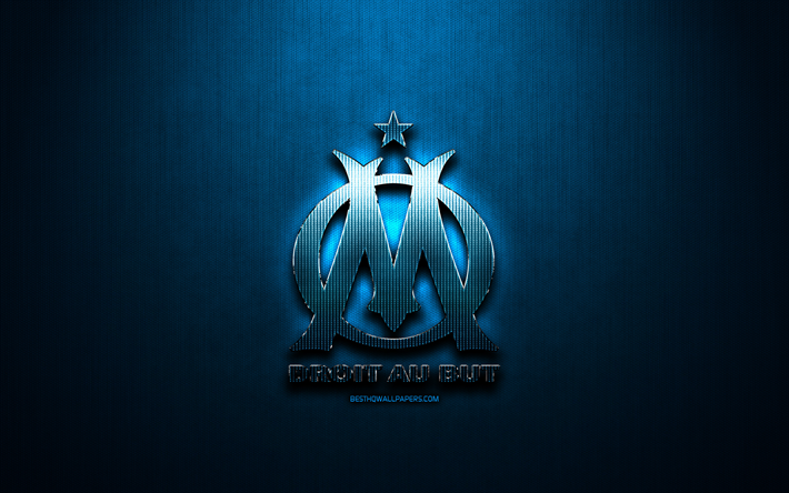 Olimpik Marsilya FC, mavi metal arka plan, 1 Lig, İngiliz Futbol Kul&#252;b&#252;, fan sanat, Olympique Marseille logo, futbol, Marseille FC, Fransa