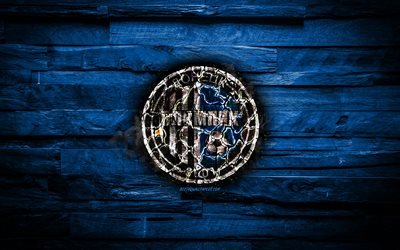 Olimpik Donetsk FC, burning logo, Ukrainian Premier League, blue wooden background, ukrainian football club, UPL, Olimpik Donetsk, grunge, football, soccer, Olimpik Donetsk logo, Ukraine