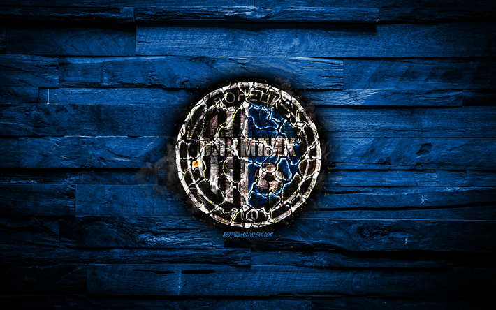 Olimpik Donetsk FC, masterizzazione logo, Premier League ucraina, blu sfondo di legno, ucraino football club, l&#39;UPI, Olimpik Donetsk, grunge, calcio, calcio Olimpik Donetsk, logo, Ucraina