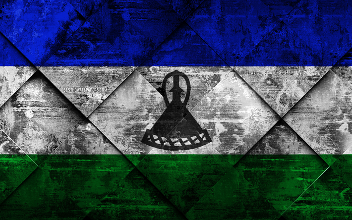 Bandeira do Lesotho, 4k, grunge arte, rombo textura grunge, Lesoto bandeira, &#193;frica, s&#237;mbolos nacionais, Lesotho, arte criativa