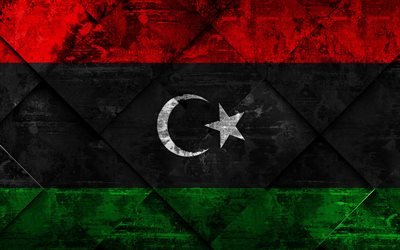 Libya bayrağı, 4k, grunge sanat, rhombus grunge doku, Afrika, Ulusal semboller, Libya, yaratıcı sanat