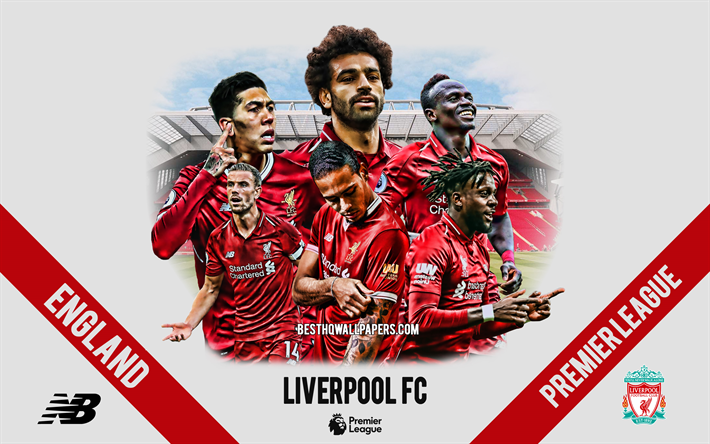 Liverpool FC, bir İngiliz Futbol Kul&#252;b&#252; futbolcuları, liderleri, Liverpool FC logo, amblem, Premier Lig, Liverpool, İngiltere, yaratıcı sanat, futbol, Mohammed Salah, Sadio Mane, Roberto Firmino