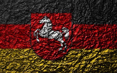 Flag of Lower Saxony, 4k, stone texture, waves texture, Lower Saxony flag, German state, Lower Saxony, Germany, stone background, administrative districts, States of Germany