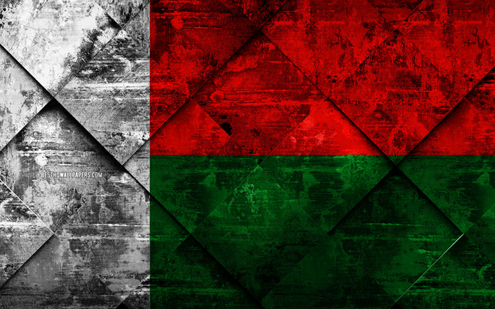Flag of Madagascar, 4k, grunge art, rhombus grunge texture, Madagascar flag, Africa, national symbols, Madagascar, creative art