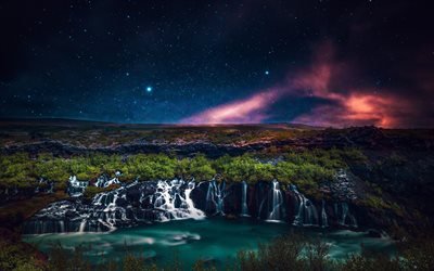 アイスランド, 滝, 美しい自然, nightscapes, ノーザンライツ, 欧州