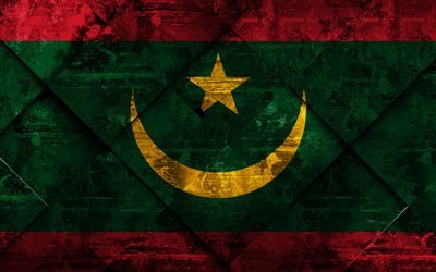 Bandera de Mauritania, 4k, grunge arte, rombo grunge textura, bandera de Mauritania, &#193;frica, s&#237;mbolos nacionales, Mauritania, arte creativo