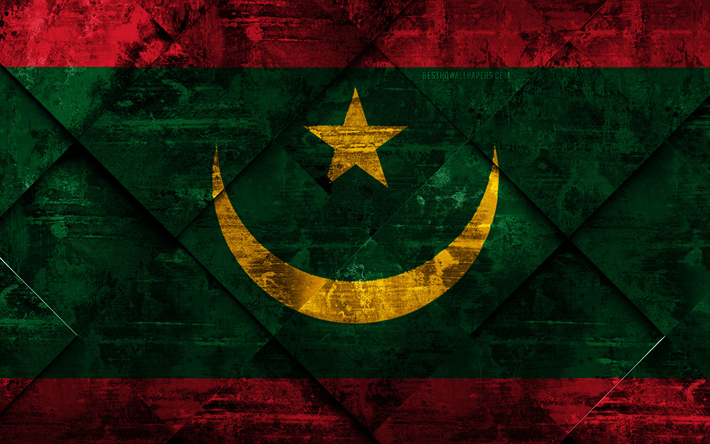 Bandeira da Maurit&#226;nia, 4k, grunge arte, rombo textura grunge, Maurit&#226;nia bandeira, &#193;frica, s&#237;mbolos nacionais, Maurit&#226;nia, arte criativa