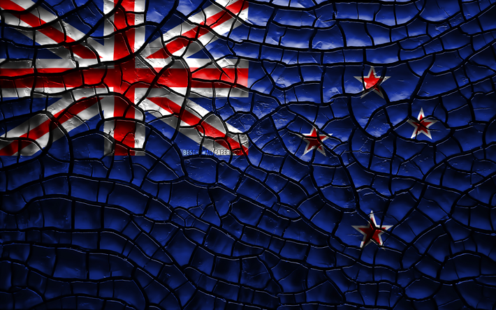 flagge von neuseeland, 4k, rissige erde, ozeanien, new zealand flag, 3d-kunst, neuseeland, ozeanien l&#228;nder, nationale symbole, neuseeland 3d flag