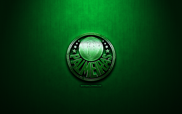 SE Palmeiras, yeşil metal arka plan, Brezilya Seria, futbol, Brezilya Futbol Kul&#252;b&#252;, fan sanat, Palmeiras logo, Palmeiras FC, Brezilya