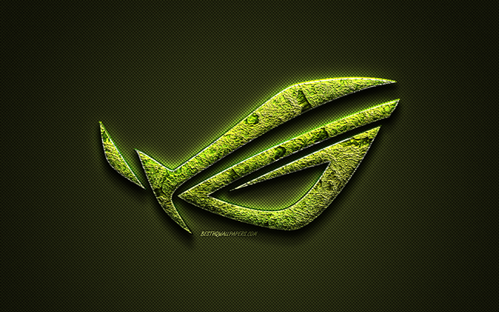 ROG logo, verde creativo logo Republic of Gamers, arte floreale logo ROG emblema, verde fibra di carbonio trama, ROG, arte creativa, ASUS