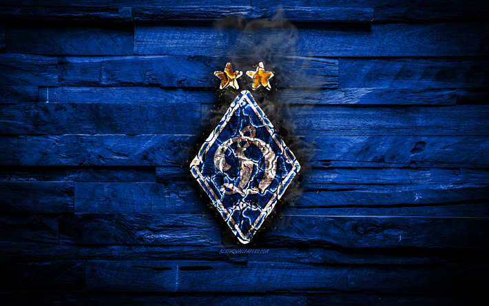 Dynamo Kyiv FC, burning logo, Ukrainian Premier League, blue wooden background, ukrainian football club, UPL, Dynamo Kyiv, grunge, football, soccer, Dynamo Kyiv logo, Ukraine, Dynamo Kiev