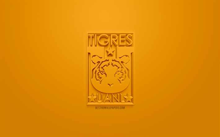 Tigres UANL, kreativa 3D-logotyp, orange bakgrund, 3d-emblem, Mexikansk fotboll club, Liga MX, Nya Leon, Mexiko, 3d-konst, fotboll, snygg 3d-logo