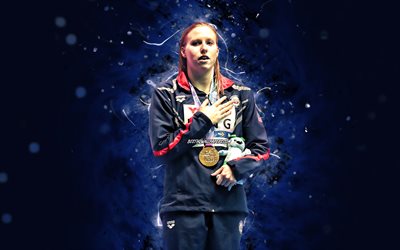 Lilly King, 4k, american swimmer, blue neon lights, creative, Lilly King with medal, artwork, Lilly King 4K