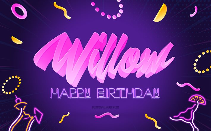 お誕生日おめでとうウィロー, 4k, 紫のパーティーの背景, ヤナギ, クリエイティブアート, ハッピーウィローの誕生日, 柳の名前, 柳の誕生日, 誕生日パーティーの背景