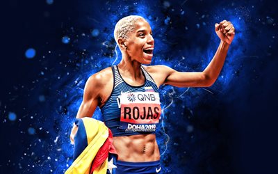 Yulimar Rojas, 4k, blue neon lights, Venezuelan athlete, Venezuela National Team, athlete, Yulimar Rojas with flag, athletics, Yulimar Rojas 4K