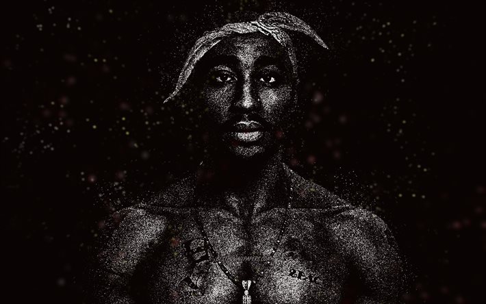 2Pac, Tupac Shakur, white glitter art, black background, American rapper, 2Pac art, Lesane Parish Crooks, Tupac Shakur art, Makaveli
