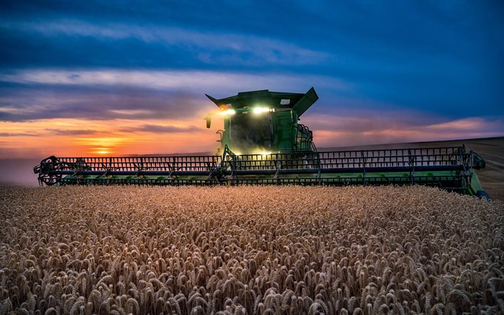4k, John Deere X950, p&#244;r do sol, colheitadeira, colheitadeiras de 2021, colheita de trigo, conceitos de colheita, John Deere X9 Series, HDR, conceitos de agricultura, John Deere