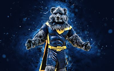 Grizz, 4k, mascot, Memphis Grizzlies, blue neon lights, NBA, creative, USA, Memphis Grizzlies mascot, NBA mascots, official mascot, Grizz mascot