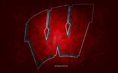Wisconsin Badgers, American football team, red background, Wisconsin Badgers logo, grunge art, NCAA, American football, Wisconsin Badgers emblem