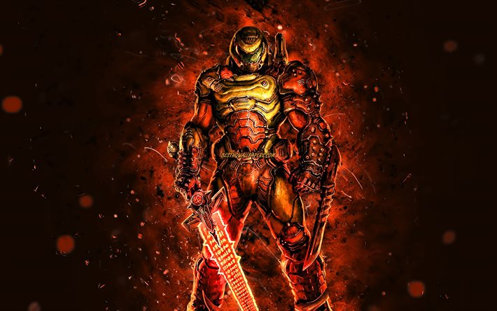 Doom Slayer, 4k, oranssit neonvalot, Doom, p&#228;&#228;henkil&#246;, hahmot, Doomguy, Doom Slayer 4K, Doom Eternal