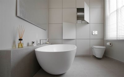 白いバスルーム, 4k, モダンなインテリア, ミニマルなインテリア, バスルームのインテリア, モダンなデザイン, バスルーム