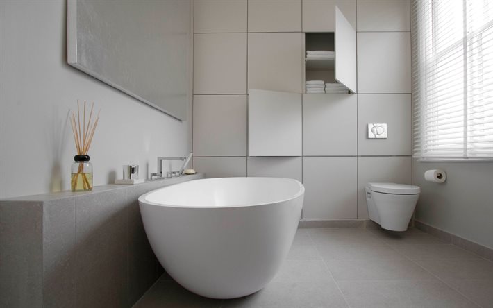 salle de bain blanche, 4k, int&#233;rieurs modernes, int&#233;rieurs minimalistes, int&#233;rieurs de salle de bain, design moderne, salle de bain