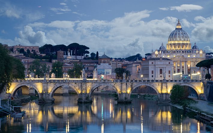 Basilica of Saint Peter, 4k, Aelian Bridge, italian cities, cityscapes, Pons Aelius, Rome, Italy, cities of Italy, Europe, Rome attractions
